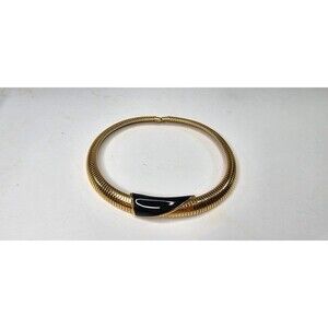 Vintage MONET Gold Tone Choker Omega Chain Black Enamel Necklace 16.5"L 1980s